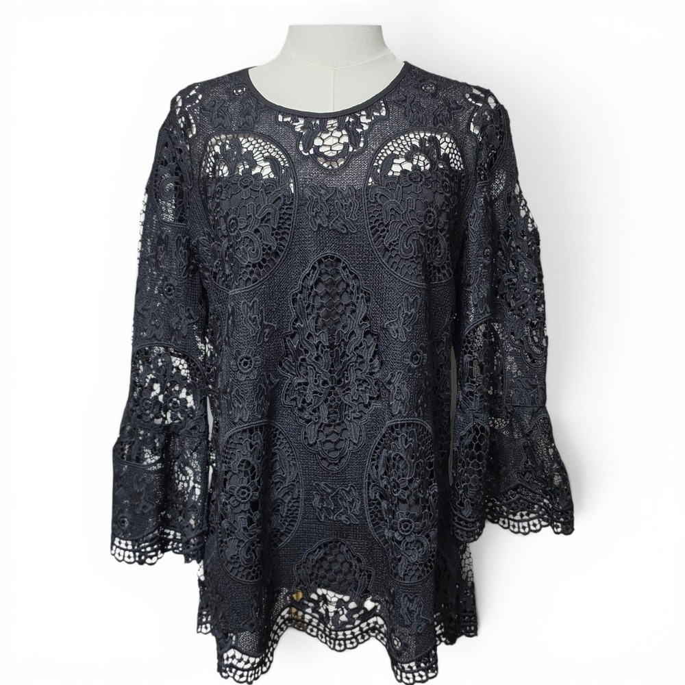 RO & DE Black Guipure Lace Tunic Bell Sleeve Witchy Boho Gothic Top NWT Size L